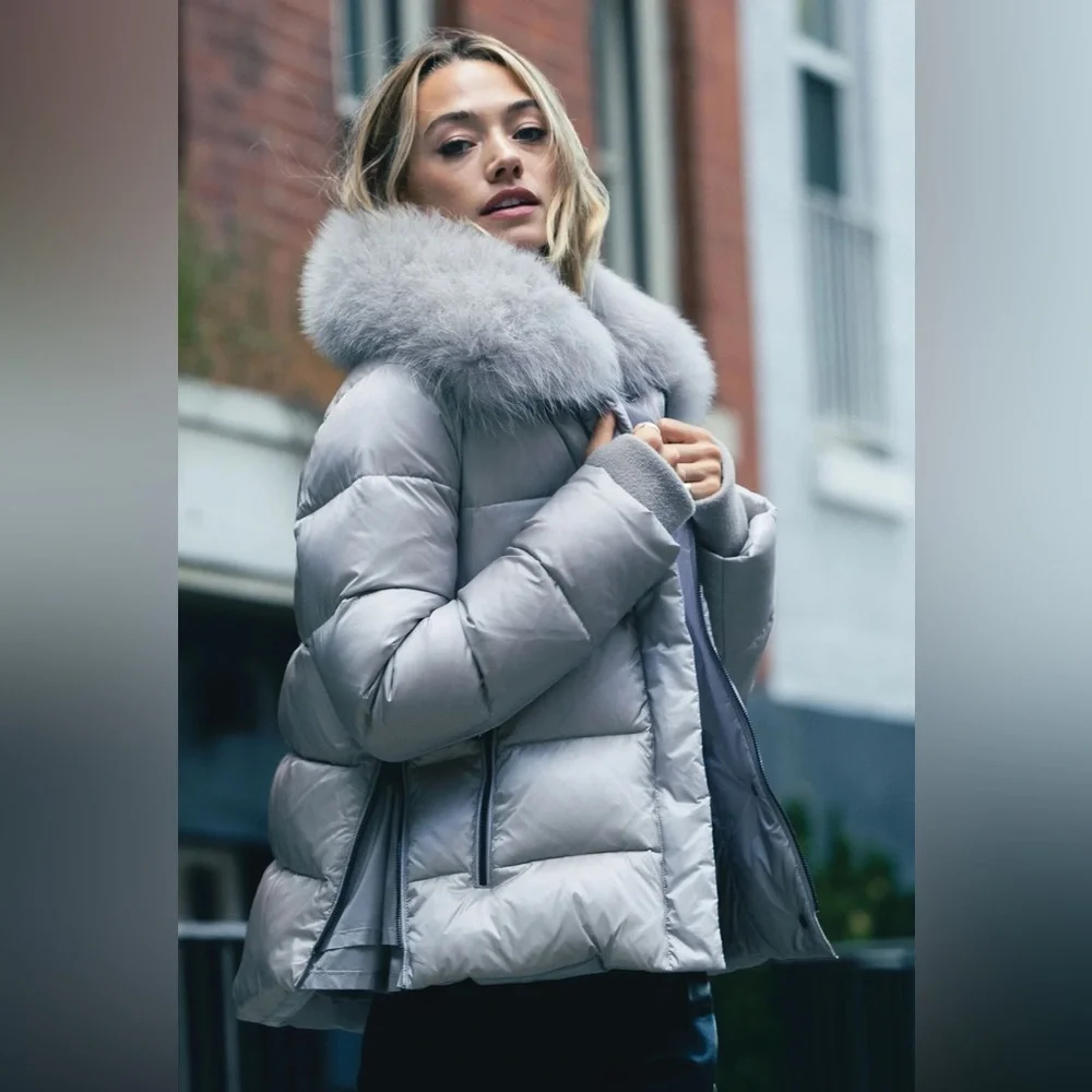 Brand New w tags Dawn Levy Ice beige( gray) Vera down jacket w fox fur collar!XL - Picture 2 of 5